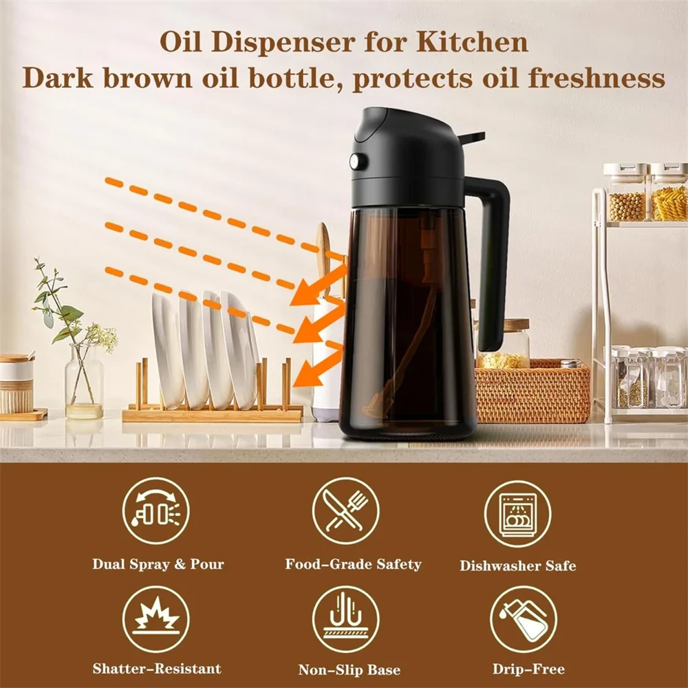 2-in-1 Glass Oil Dispenser & Sprayer - 16oz/470ml Leakproof Olive Oil Sprayer Bottle for Cooking, Air Fryer, BBQ, Baking, Salad